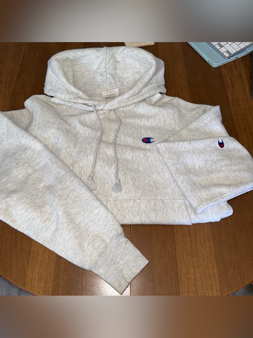 Champion Light Gray Crewneck Hoodie with Embroidered Logo